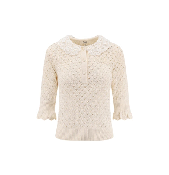 Chloé White Lace-Collar Pointelle Pullover Sweater