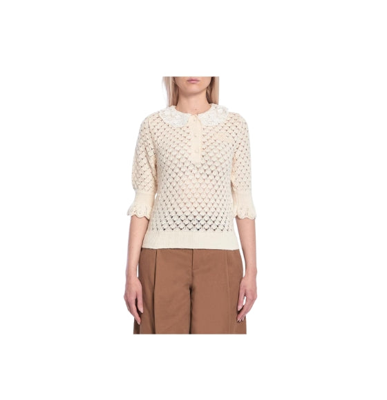 Chloé White Lace-Collar Pointelle Pullover Sweater