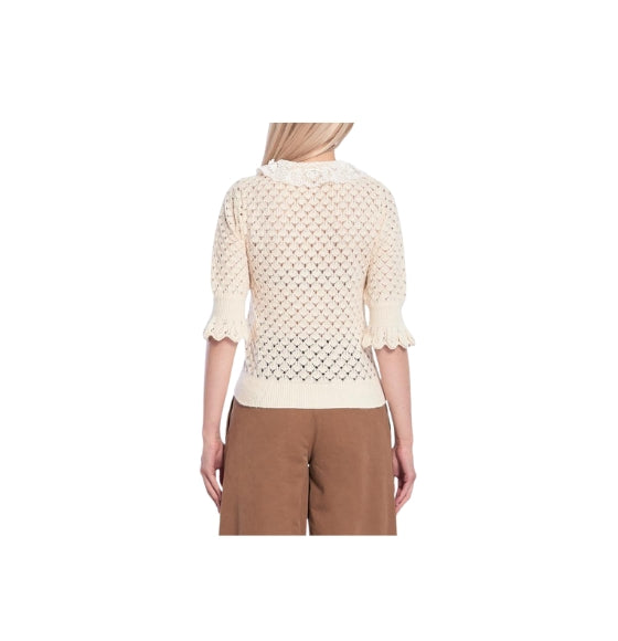 Chloé White Lace-Collar Pointelle Pullover Sweater