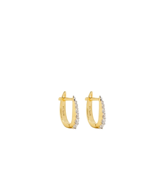 Gold Oval Claw Zirconia Pave Huggie Earrings
