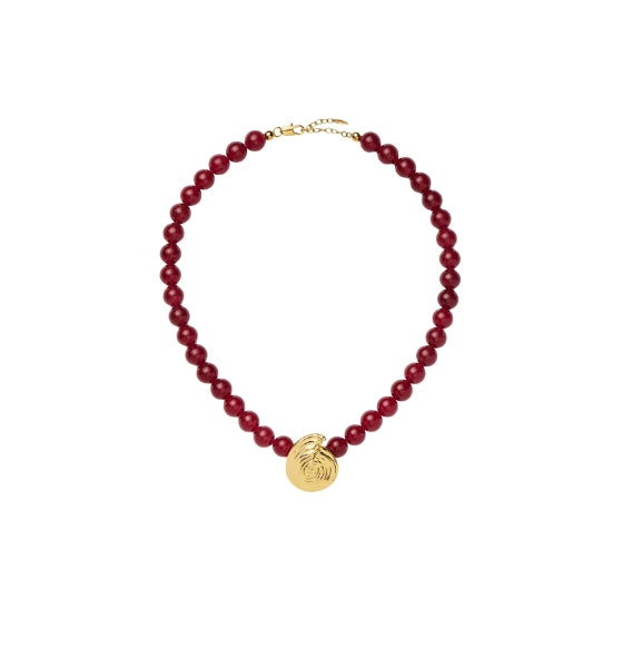Gold Spiral Red Gemstone Beaded Pendant Necklace