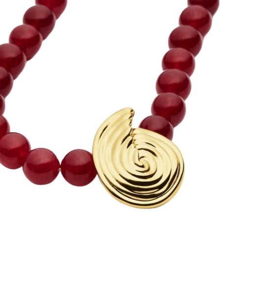 Gold Spiral Red Gemstone Beaded Pendant Necklace