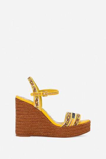 Yellow Dolce & Gabbana Maiolica Print Logo Charmeuse Wedged Sandals