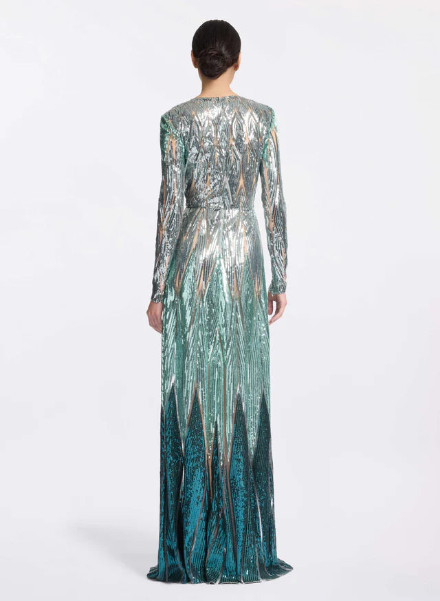 Embroidered Tulle Long Dress Blue