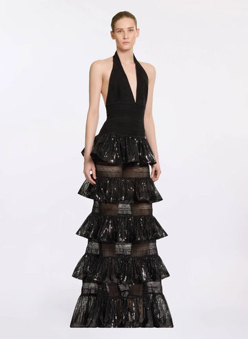 Macramé and sequin ruffled dress