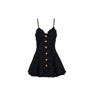 Black Strappy Polka-dot Motif Tweed Dress