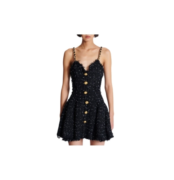 Black Strappy Polka-dot Motif Tweed Dress