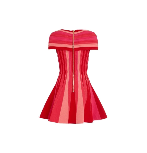 Red & Pink V-Neck Flared Knit Dress