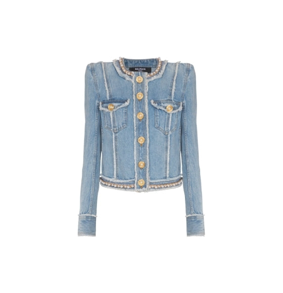 Denim Jacket with Pearl Trim