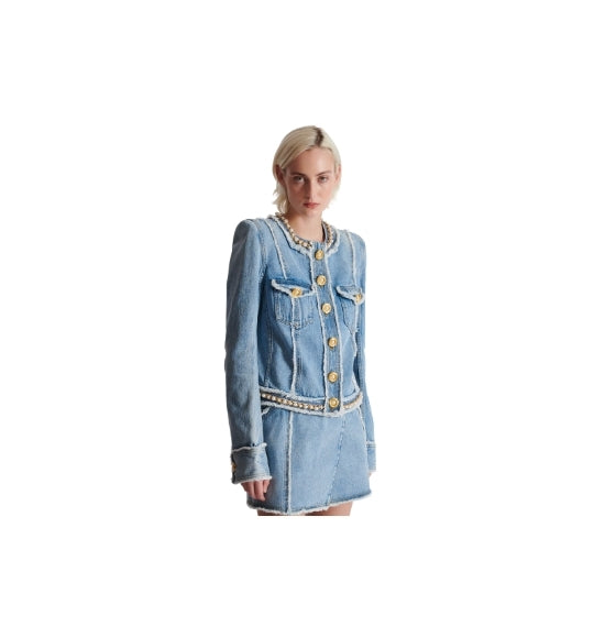 Denim Jacket with Pearl Trim