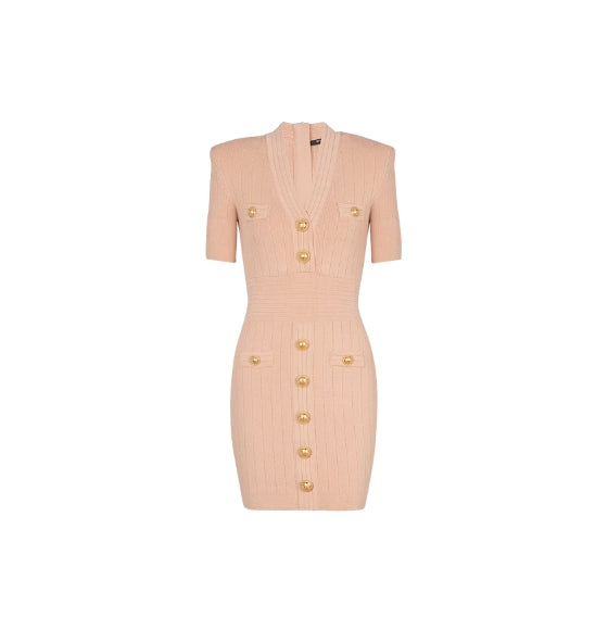 Pink Knitted Buttoned Mini Dress