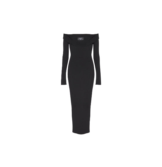 Black Off-Shoulder Logo-Patch Knit Midi Dress
