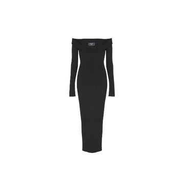Black Off-Shoulder Logo-Patch Knit Midi Dress
