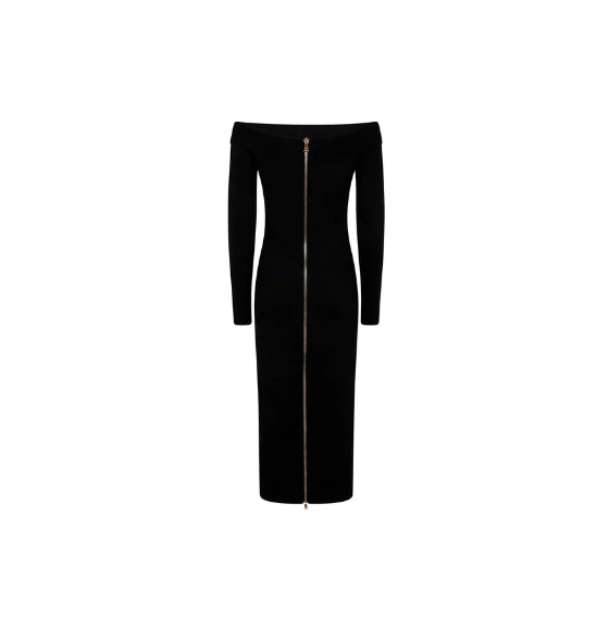 Black Off-Shoulder Logo-Patch Knit Midi Dress