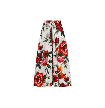 Red Flower Print Poplin Flared Midi Skirt