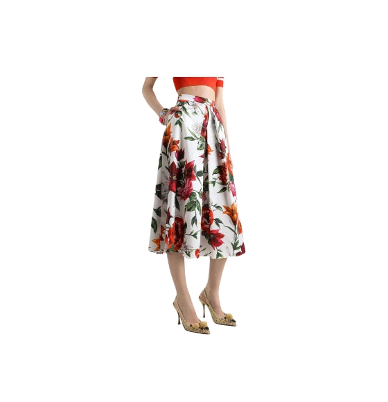 Red Flower Print Poplin Flared Midi Skirt