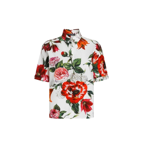 Red Flower Print Poplin Short Sleeve Shirt
