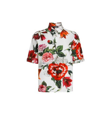 Red Flower Print Poplin Short Sleeve Shirt