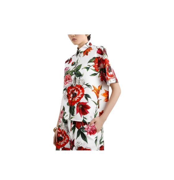 Red Flower Print Poplin Short Sleeve Shirt