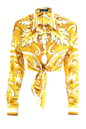 Yellow and White Dolce & Gabbana Crop Shirt with Majolica Print and Knot in Cotton