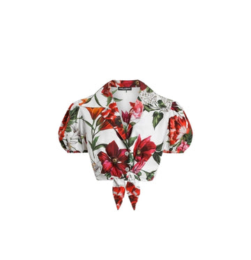 Red Flower Print Poplin Cropped Short Sleeve Shirt