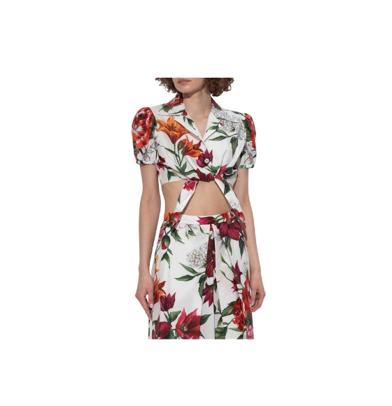 Red Flower Print Poplin Cropped Short Sleeve Shirt