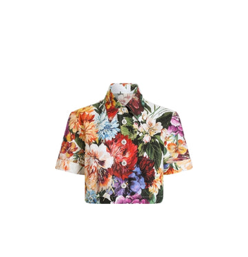 Bouquet-Flower Print Poplin Cropped Shirt