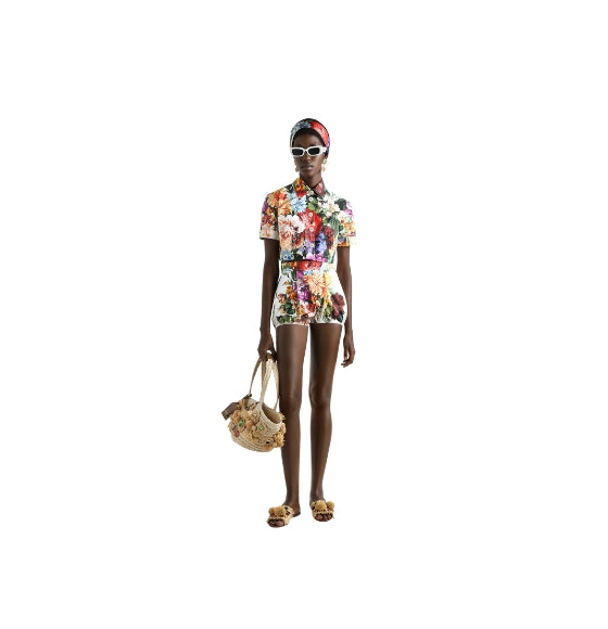Bouquet-Flower Print Poplin Cropped Shirt
