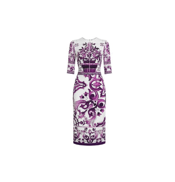 Violet Majolica-print Charmeuse 3/4 Sleeve Dress