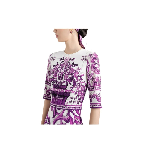 Violet Majolica-print Charmeuse 3/4 Sleeve Dress