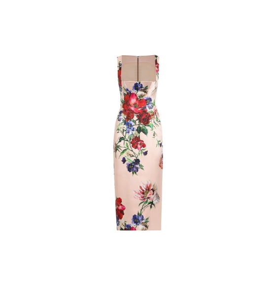 Floral Print Deep Square Neck Satin Sheath Dress