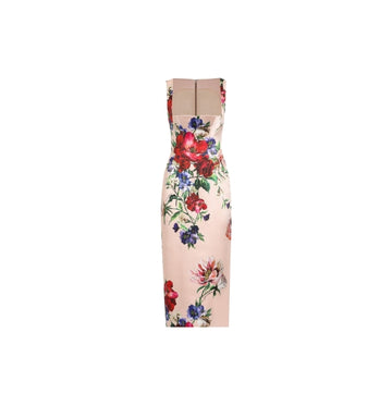 Floral Print Deep Square Neck Satin Sheath Dress