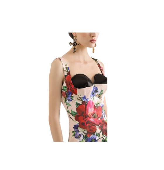 Floral Print Deep Square Neck Satin Sheath Dress