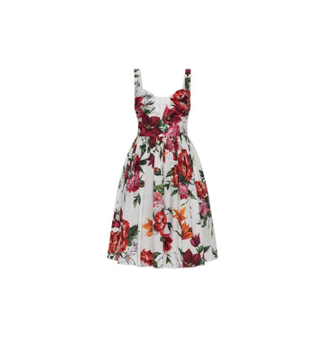 Red Flower Print Poplin Corset Flared Dress