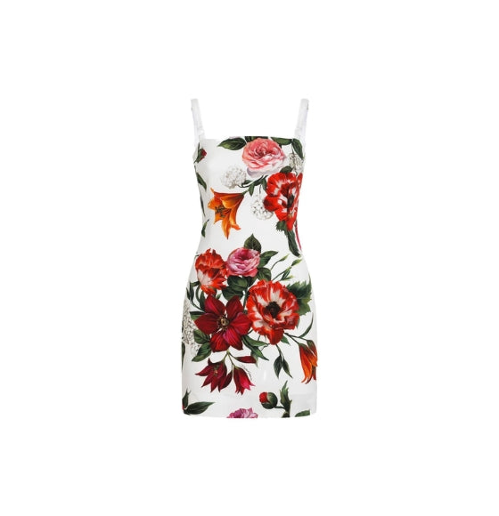 Red Flower Print Slip Silk Dress