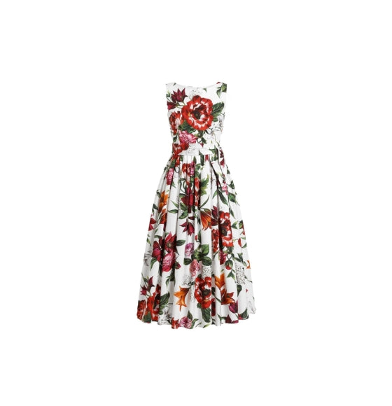 Red Flower Print Poplin Sleeveless Midi Dress