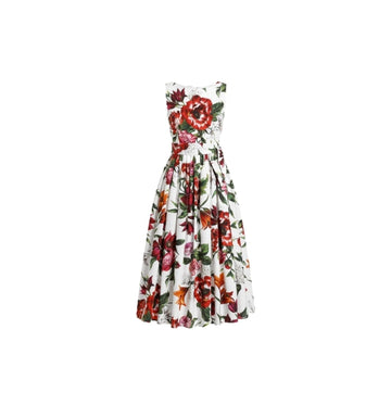 Red Flower Print Poplin Sleeveless Midi Dress