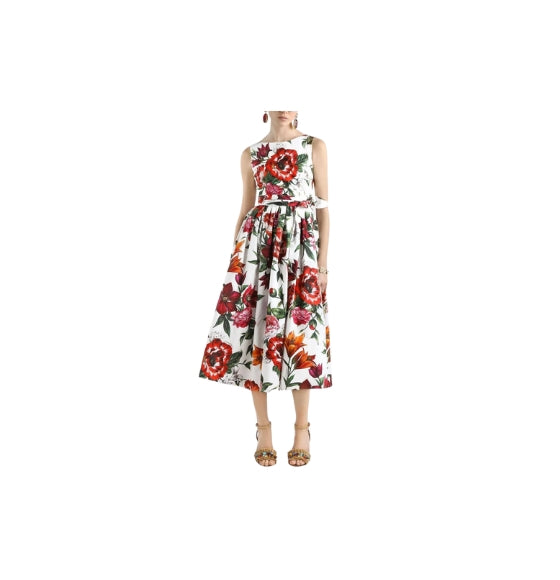 Red Flower Print Poplin Sleeveless Midi Dress