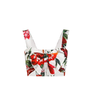Red Flower Print Poplin Bow Bra Top