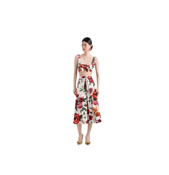 Red Flower Print Poplin Bow Bra Top