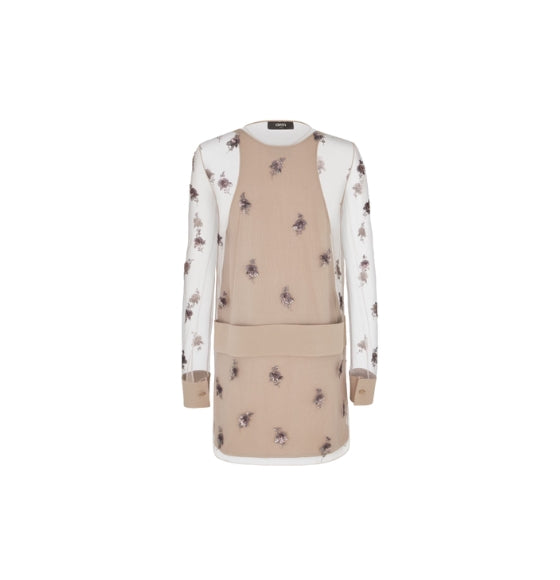 Beige Tulle Embroidered Mini Dress