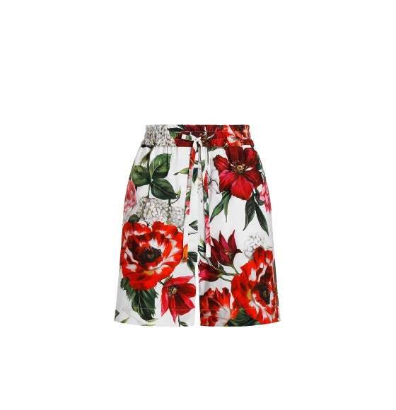 Red Flower Print Poplin Shorts