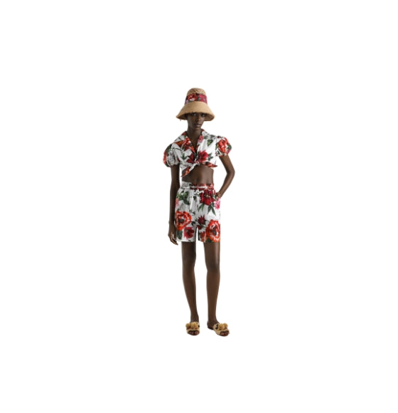 Red Flower Print Poplin Shorts