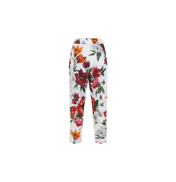 Red Flower Print Poplin Long Trousers