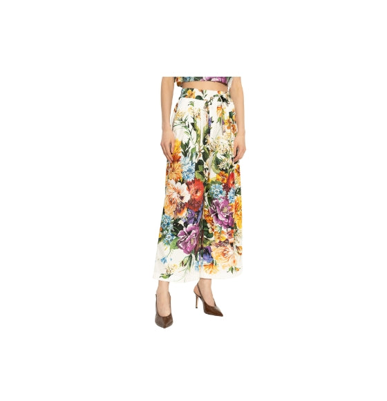 Bouquet-Flower Print Poplin Wide Leg Trousers