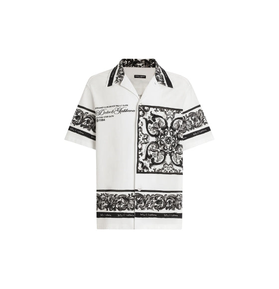 White & Black Majolica Print Hawaiian Cotton Shirt