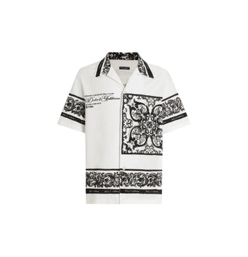 White & Black Majolica Print Hawaiian Cotton Shirt