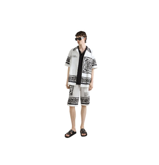 White & Black Majolica Print Hawaiian Cotton Shirt