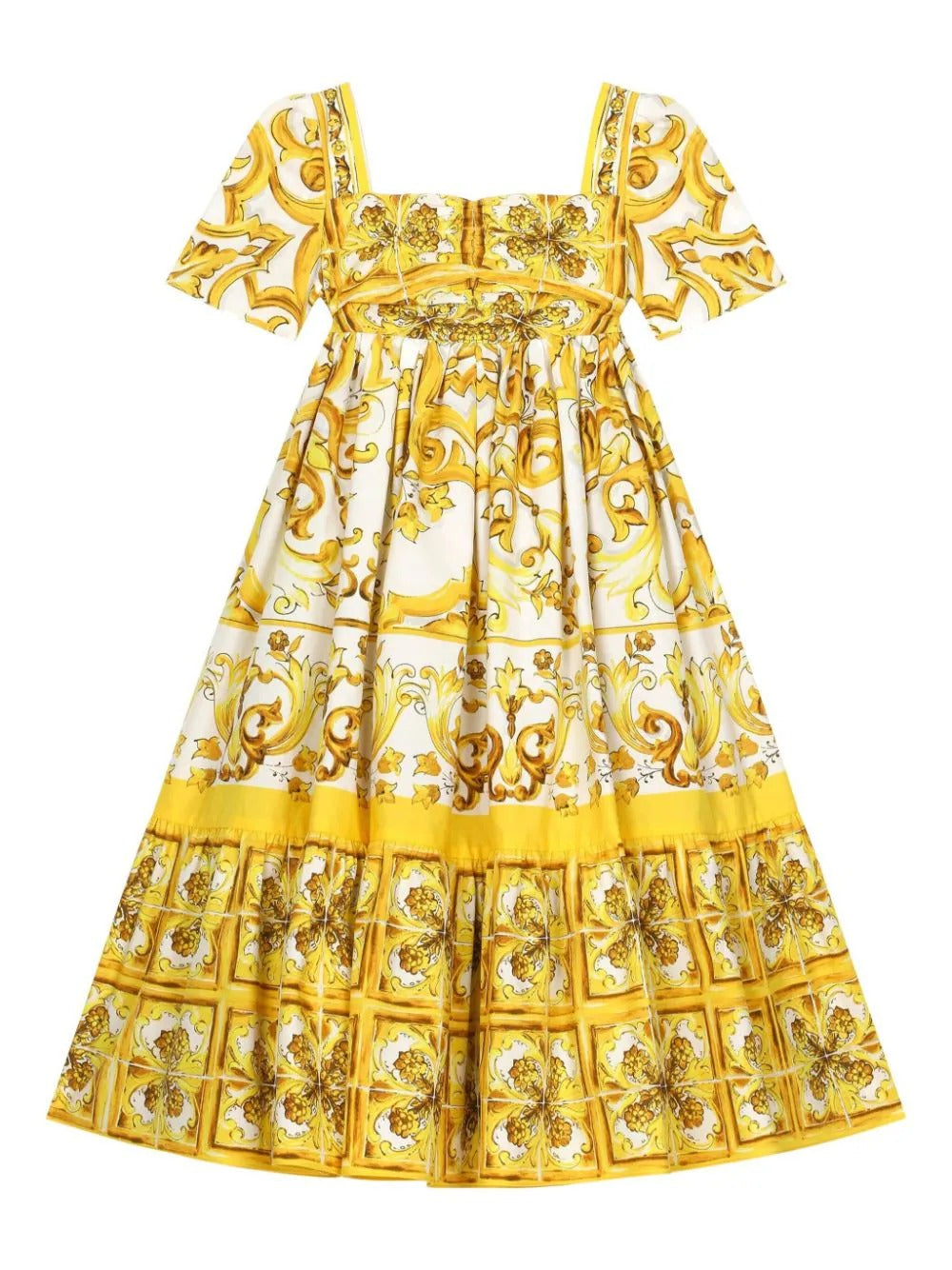 Yellow Dolce & Gabbana Kids Dress for Girl with Majolica Print