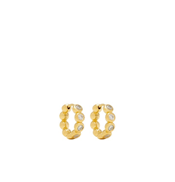Gold hoop earrings with embedded stones on a white background